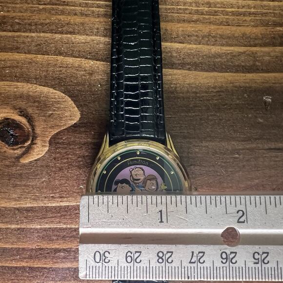 VTG Armitron Peanuts Characters watch GoldTone Black Leather Strap Needs Battery - Picture 5 of 16